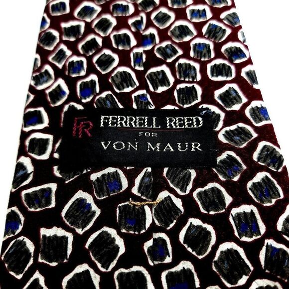 Ferrell Reed Von Maur Print Maroon Red Gray Blue Abstract Silk Tie - Picture 3 of 6